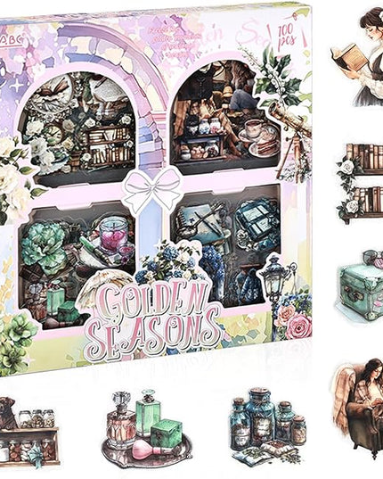Scrapbooking Stickers Set for Adults, 100 Sheets 3.1 x 3.1 Inches Diecut Golden Seasons Theme, PET Stickers for Journaling, Junk Journal Supplies, Collage, Scrap Book, DIY Crats Arts Decorative