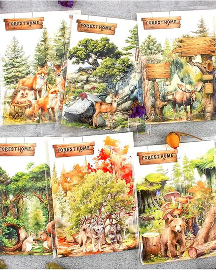 Dwpetzo 150Pcs PET Forest Landscape Stickers for Journaling and Scrapbooking, 6 Themes with Pine Trees Woodland Animals Wooden Stumps Moss Nature Scene Stickers for Junk Journal Supplies, Collage