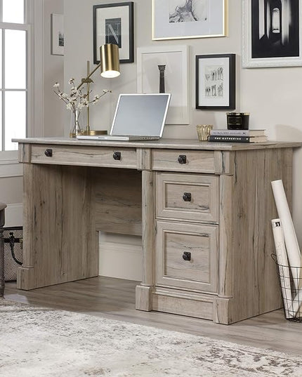 Sauder Palladia Computer Desk with Drawers, Home Office Desk with File Cabinet Storage Drawer, Cable Management, Keyboard Tray, in Split Oak Finish