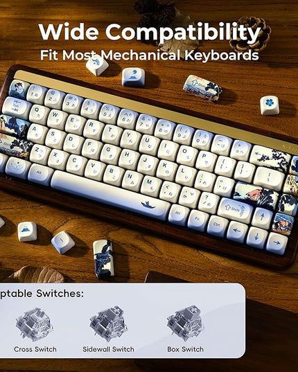 OHY XVX MOA Profile Japanese Fuji Mountain Theme Keycaps Set, 132 - Key Blue & Creamy White Custom Keycaps for US Layout Mechanical Keyboards -Blue and White