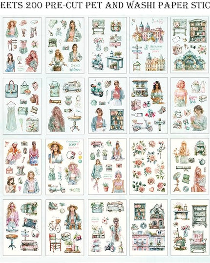 Auguro Scrapbooking Stickers 20 Sheets Pre-Cut 200 washi Stickers PET People Sticker Books for journaling Scrapbook Supplies Transparent Journal Sticker