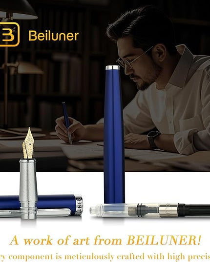 BEILUNER Luxury Fountain Pen Set,Solid 24K Gilded Fine Nib, Modern Classic Limited Edition -Includes 6 Ink Cartridges&Ink Refill Converter with Gift Case-Perfect for Men and Women（Charming blue）