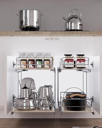 2 Tier Pull Out Cabinet Organizer 18" W X 22" D, Slide Out Drawers For Kitchen Cabinets, Pull Out Drawers For Cabinets Capacity Heavy Duty Caddy, Cabinet Pullout Shelves Wood Chrome, Pantry Storage
