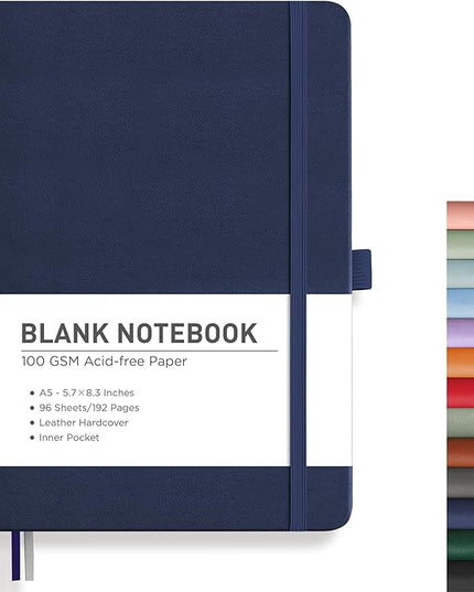 RETTACY Blank Journal Notebook, 192 Pages, A5 Medium Size (5.7'' x 8.3''), Leather Hardcover, 100 GSM Thick Paper, for Sketching, Drawing, Painting (Navy Blue)