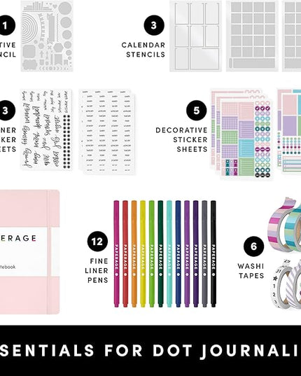 PAPERAGE Bullet Style Journal Kit, Dotted Journaling Set & Stationary Kit, Hardcover Dotted Journal Notebook (Lavender), 12 Fineliner Pens, 8 Sticker & 4 Stencil Sheets, 6 Washi Tapes