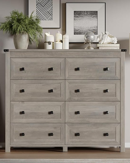 BORNOON Tall 8-Drawer Dresser, Modern Wooden Storage Chest of Drawers, Dresser TV Stand, Wood Drawer Organizer with Metal Handles for Bedroom, Living Room, Hallway