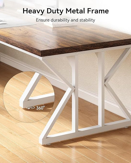 LITTLE TREE 78.7 Inch Large Executive Desk, Modern Computer Office Desk, Wooden Writing Desk Study Table for Home Office, Rustic Brown-White