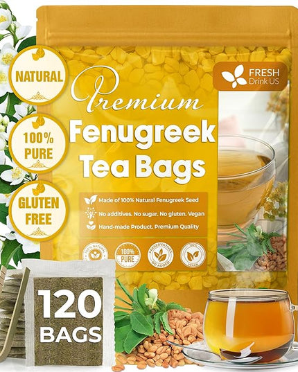 FreshDrinkUS, Premium 120 Fenugreek Tea Bags, 100% Natural & Pure from Fenugreek. Fenugreek Herbal Tea. Made with Natural Material Tea Bags. No Sugar, No Caffeine, No Gluten, Vegan.