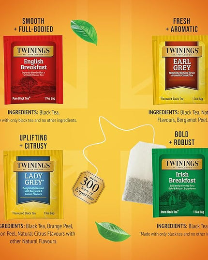 Twinings Variety Pack Black Tea Bags, 20 Count (Pack of 4), Includes English Breakfast, Earl Grey, Irish Breakfast, and Lady Grey, Caffeinated, Enjoy Hot or Iced, 80 Teabags