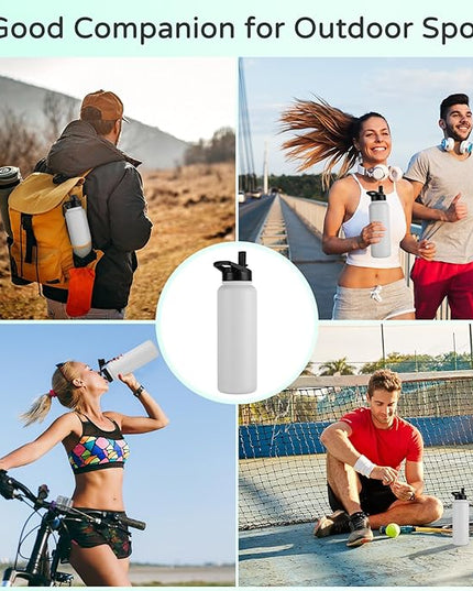 DOMICARE 40 oz Insulated Water Bottle Bulk, Vacuum Insulated Stainless Steel Sports Water Bottle with Straw Lid & Spout Lid, Leakproof, Reusable - Travel, Camping, Bike, White (4 Pack)