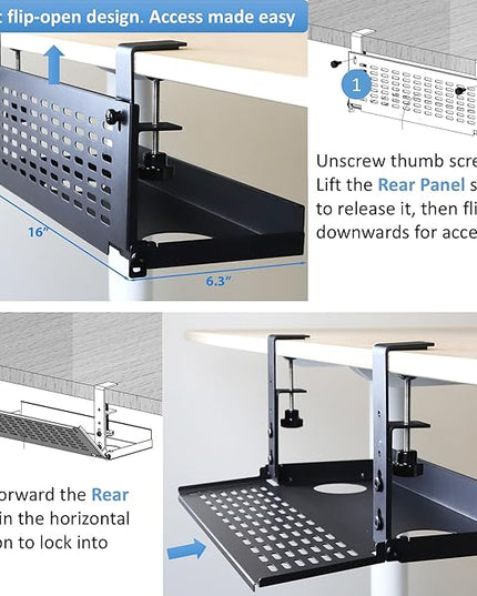 AEONS Universal Under Desk Cable Management Tray-Clamp Mount Hinged Swing Modesty Panel Organizer for Office Desks, Easy Access Flip-Down Position Power Strip Cord Storage No-Drill, 25 lb Capacity