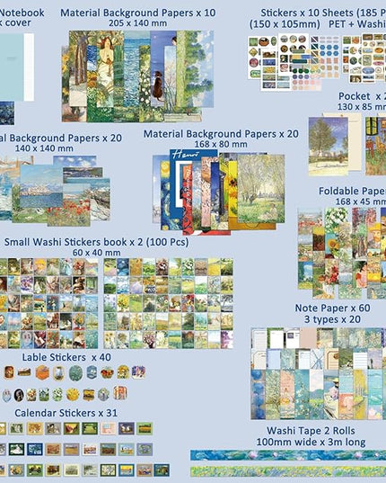 Scrapbooking Supplies Kit Plus 480Pcs, Vintage Van Gogh Oil Painting Aesthetic Scrapbook Kit for Bullet Junk Journal, DIY Journaling Supplies, Stationery, A5 Grid Notebook, Craft Gift Kid Girl