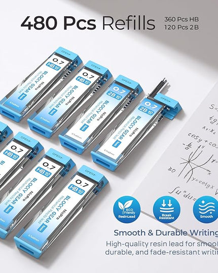 Nicpro 3 Pack Blocky Gear 0.7 mm Metal Mechanical Pencils Set with Case, Lead Drafting Pencil with 8 Tube (480PCS) Lead Refills(HB 2B), 4 Erasers, 18 Eraser Refills for Art Writing, Sketching Drawing