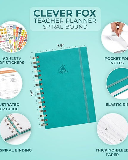 Clever Fox Teacher Planner Spiral – School Year Planner with Calendars & Lesson Plans – Teacher Plan Book for Classroom & Homeschool Organization - Undated, 7.9x10″ (Turquoise)