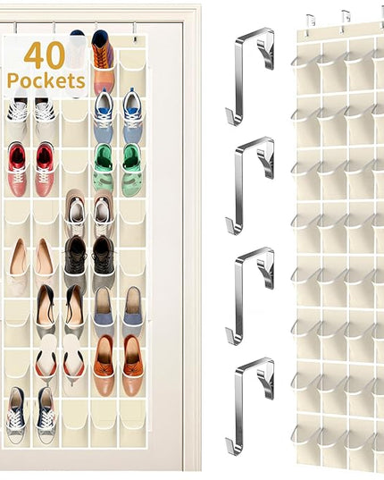 Over the Door Shoe Organizer with 40 Large Pockets, Multi-Purpose Storage for Shoe and Accessories, Durable Fabric with Adjustable Hooks for Home Closet Bedroom Entryway -Beige