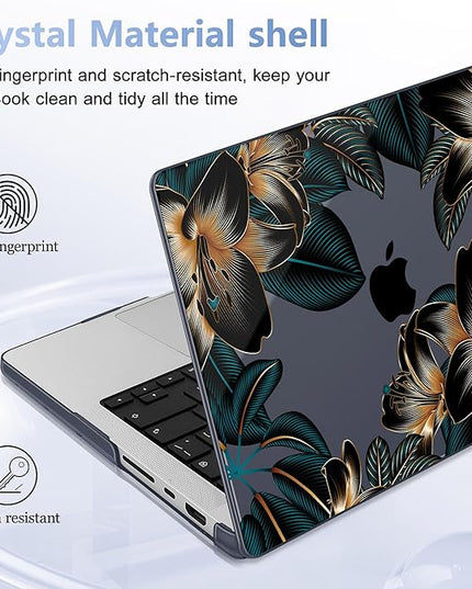 May Chen Case for MacBook Pro 14 inch, A2442 A2779 A2918 A2992 A3401 A3185 A3112 A3434, M1 M2 M3 M4 M5 Chip (2021-2025 Release), Plastic Hard Shell Case with Keyboard Cover, Golden Lilies Flowers