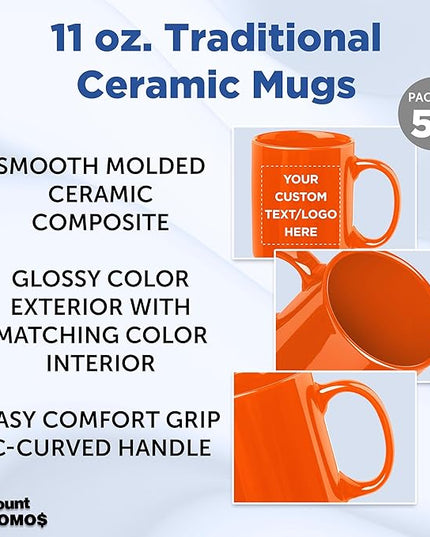 Custom Ceramic Coffee Mugs 11 oz. Set of 50, Personalized Bulk Pack - Coffee cup set, Iced coffee cup, Gaming mug - Orange