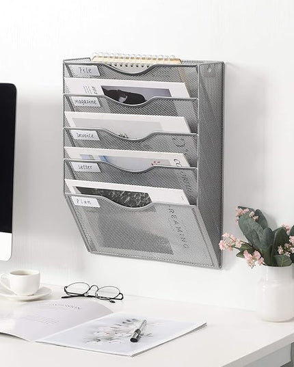 EasyPAG Hanging Wall File Organizer, 5 Pocket Wall Mounted Mail Organizer, Vertical Document Folder Holder with Nametag Label, Space Saving Paper Storage Magazine Rack for Office Home School, Silver