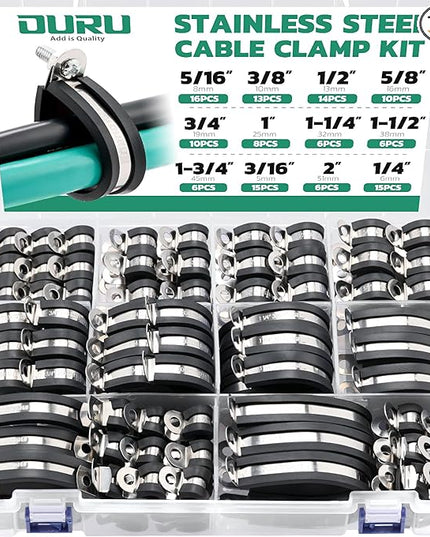 125PCS Cable Clamp,12 Sizes Stainless Steel Rubber Coated Cushioned Insulated Cable Clamps Assortment Kit-Metal Wire Clamps,Cable Clips,Pipe Clamps