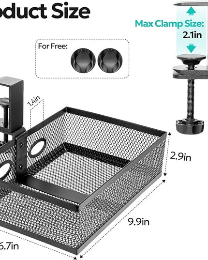 Pulchrum Under Desk Drawer Organizer Clamp On - 360° Swivel Metal Mesh Storage Basket, Hidden Rotating Desktop Tray for Standing Desk, Office Supplies & Gaming (No Drill, Black)