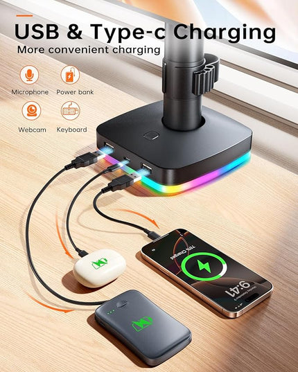 RGB Dual Monitor Desk Mount, Monitor Stand with 3 USB Ports, Charging and USB Data Transfer Function, Adjustable Arms for 13"-27" Monitors up to 17.6lbs, VESA 75x75mm 100x100mm, Ergonomic Design