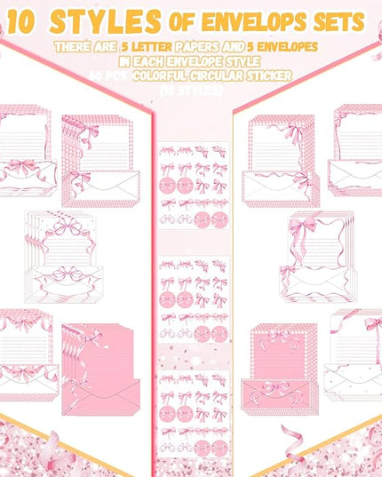 TaoBary 160 Pcs Stationery Paper Set 50 Double Sided Stationery Papers with 50 Matching Envelopes and 60 Round Dot Sticker, 10 Design(Pink Bow,8.5 x 11 Inch)