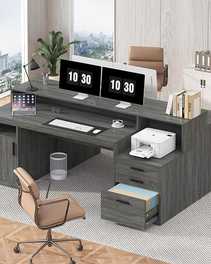 Executive Computer Desk with 3 Drawers & Storage Shelves, 65 Inch Home Office Desk with File Drawer & Cabinet, Writing Study Desks with Monitor Stand & Printer Shelf, Dark Grey