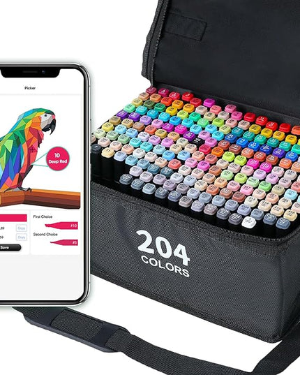 204 Colors Alcohol Markers, Art Markers for Artists with Coloring App, Dual Tip Marker for Adult Painting Sketching Drawing with Travel Case Great Gift Idea