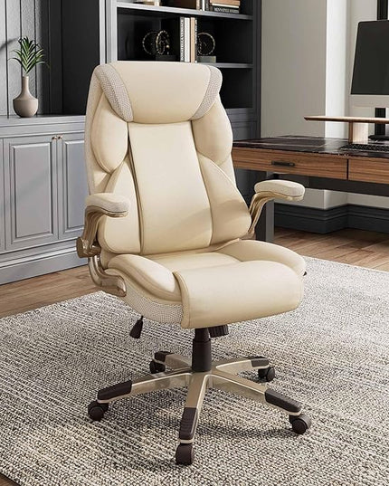 EUREKA ERGONOMIC Galene Executive Office Chair Flip Up Arm Rest, Ergonomic Desk Chair Faux Leather Computer Chair, High Back Office Chair with Headrest, Home Office Desk Chairs with Wheels, Beige