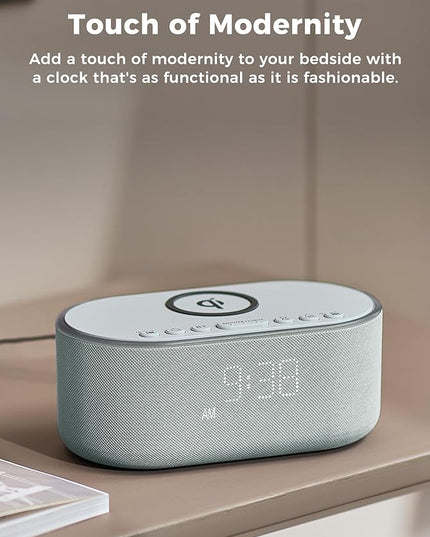 Wireless Charging Alarm Clock Radio: Qi Certified Fast Wireless Charger for iPhone Samsung - 10W Stereo Bluetooth Speaker - Dimmable Digital Clock with FM Radio for Bedroom Cloud Blue