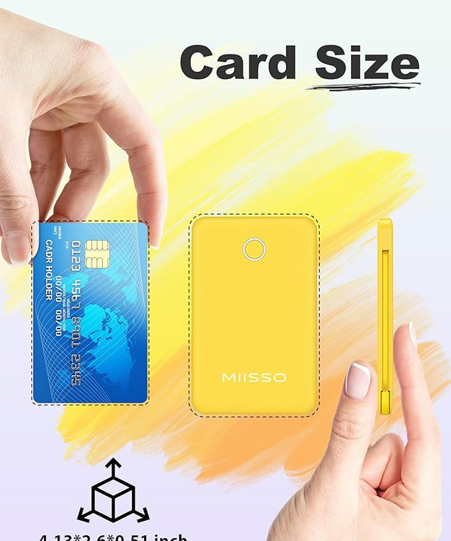 miisso 6000mah Ultra Slim Built in Cables Power Bank, Card Size Built in USB C Cords Battery Pack Portable Charger for Phones, 3 Output External Battery Pack Compatible with iPhone, Yellow