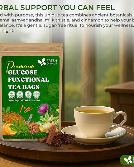 FreshDrinkUS, Premium 30 Tea Bags Glucose Functional Tea – Herbal Blend with Gymnema, Cinnamon, Bitter Melon, Tulsi & More –– Caffeine-Free. Sugar-Free. Gluten-Free. Vegan