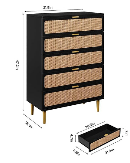 Garvee Rattan Dresser with 5 Drawers, Tall Modern Closet with Deep Storage, Large Chest of Drawers with Wide Top, Long Wooden Dresser for Bedroom, Living Room, Hallway, Kids Room, Black