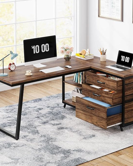 Tribesigns L-Shaped Computer Desk with 3 Drawers, Reversible Corner Home Office Desk with Shelves, 53-Inch Industrial PC Desk Study Writing Table Workstation for Small Space, Rustic Brown