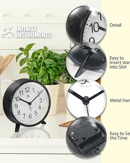 Infinity Instruments Plastic 5.75" Indoor Tabletop Alarm Clock with Quartz Movement for Accurate Time Keeping, Black