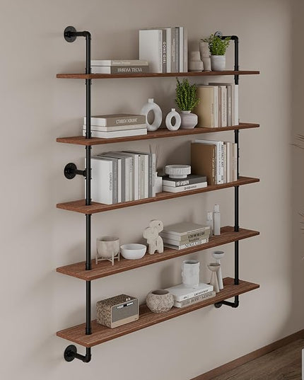 Floating Shelves for Wall Bookshelf Industrial Pipe Shelving Shelves 48 Inch 5 Tier Natural Wood Planks Rustic Wall Shelves Hanging Bookshelves Farmhouse Kitchen Shelving