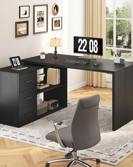 HSH Black L Shaped Desk with Drawers Shelves, 360 Rotating Home Office Desk L Shape with Storage Cabinet, Corner Wood Computer Table for PC Executive Work Study Writing in Bedroom Living Room, 55 in