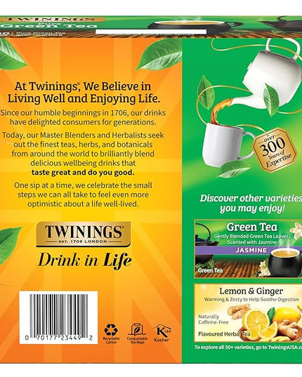 Twinings Pure Green Tea Individually Wrapped Bags, 100 Count (Pack of 1), Smooth & Refreshing, Caffeinated, Enjoy Hot or Iced, 100 Teabags