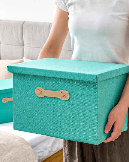 Enzk&Unity Decorative Storage Bins with Lids, Fabric Linen Foldable Storage Box with Handle Home Organizer for Shelf, Closet, Bedroom, Living Room, Office, 3 Packs, Teal
