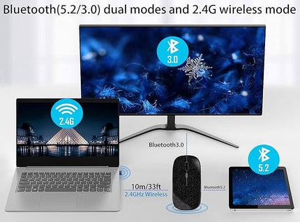 Wireless Bluetooth Mouse Rechargeable Laptop Mice Silent Slim Use(Bluetooth5.2 and Portable 2.4GHz USB Receiver)Dual Mode Computer Mouse for Laptop/iPad/Tablet/Apple/Computer/Mac(Bright Black)