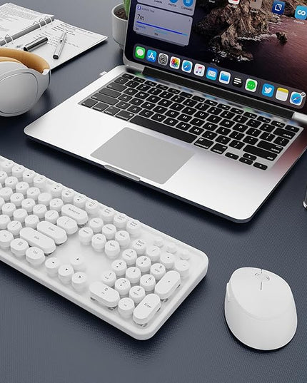 Wireless Keyboard and Mouse Combo, Ergonomic Full Size Typewriter Retro Round Keycaps Keyboard, Compatible with Windows, PC, Perfer for Home and Office Keyboards（White）