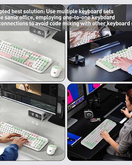 FOPETT 2.4GHz Wireless Keyboard and Mouse Set with Switch Button - Full-Size Keyboard - Compatible for Windows/Laptop/PC/Notebook/Smart TV and More - White Green