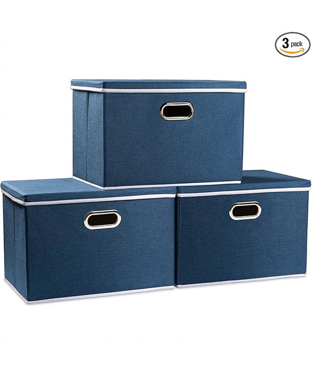 PRANDOM Large Collapsible Storage Bins with Lids [3-Pack] Fabric Foldable Storage Boxes Organizer Containers Baskets Cube with Cover for Home Bedroom Closet Office Royal Blue(17.7x11.8x11.8)