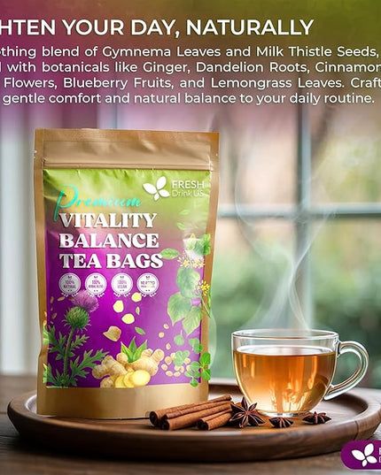 FreshDrinkUS, Vitality Balance Tea Bags | 30 Count | Herbal Blend with Gymnema, Milk Thistle Seed, Fenugreek, Dandelion Root, Ginger, Orange Peel & Other Herbs – 100% Natural, Caffeine-Free Herbal Tea