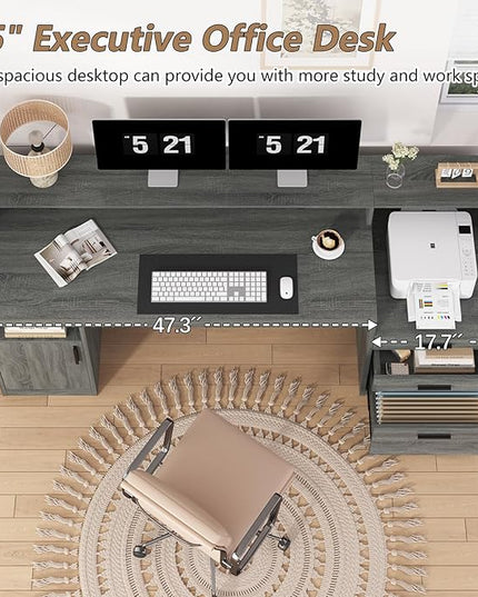 Executive Computer Desk with 3 Drawers & Storage Shelves, 65 Inch Home Office Desk with File Drawer & Cabinet, Writing Study Desks with Monitor Stand & Printer Shelf, Dark Grey