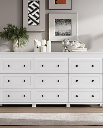 BORNOON 9-Drawer Dresser, Modern Wooden Storage Chest of Drawers, Dresser TV Stand, Wood Drawer Organizer with Metal Handles for Bedroom, Living Room, Hallway