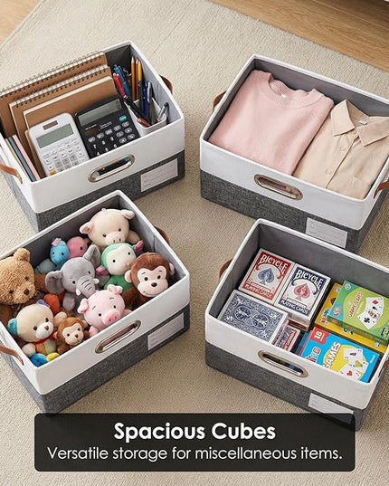 PRANDOM Storage Boxes with Lids [3-Pack] Linen Fabric Foldable Storage Bins Organizer Containers Baskets Cube with Cover for Closet Office Nursery Grey&White（11.4X8.6X6.7