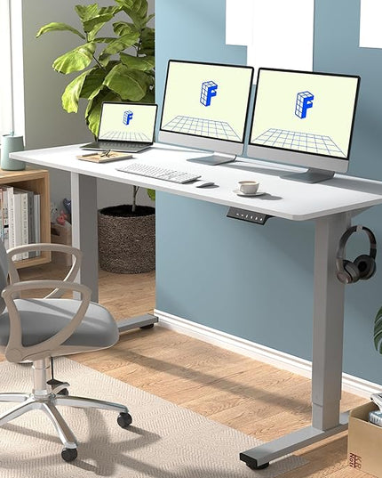 FLEXISPOT EN1 One-Piece Adjustable Stand Up Desk Workstation - Electric Standing Desk with Seamless Desktop (Silver Frame + 60 inches White Top, 2 Packages)