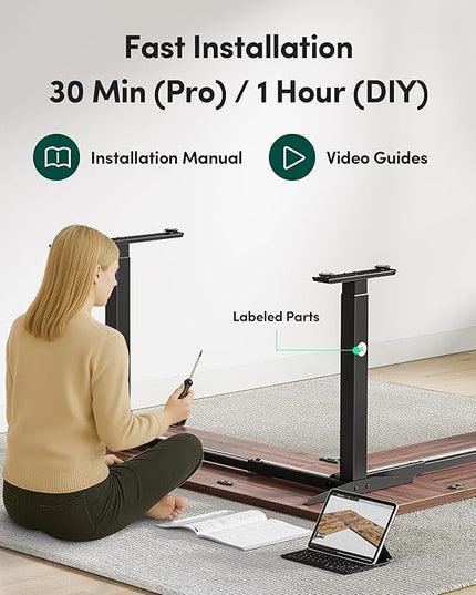 FEZIBO 63" x 55"L Shaped Standing Desk Adjustable Height, 63 Inch Electric Stand up Corner Computer Desk, Sit Stand Home Office Desk with Splice Board, Black Frame/Black Walnut Top
