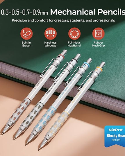 Nicpro 4 Pack Blocky Gear 0.3, 0.5, 0.7, 0.9 mm Metal Mechanical Pencils Set with Case, Lead Drafting Pencil with 8 Tube Lead Refills(HB 2B), Erasers, Eraser Refills for Art Writing Sketching Drawing